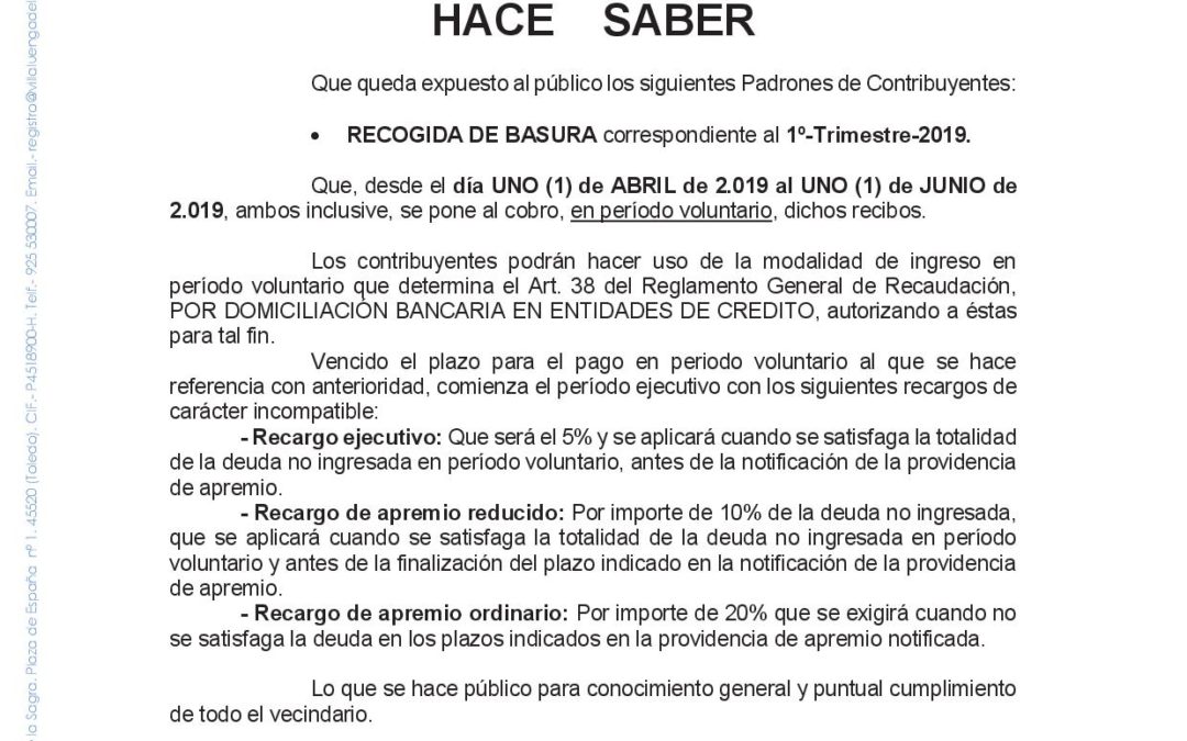 Recibo de basura – Primer trimestre 2019