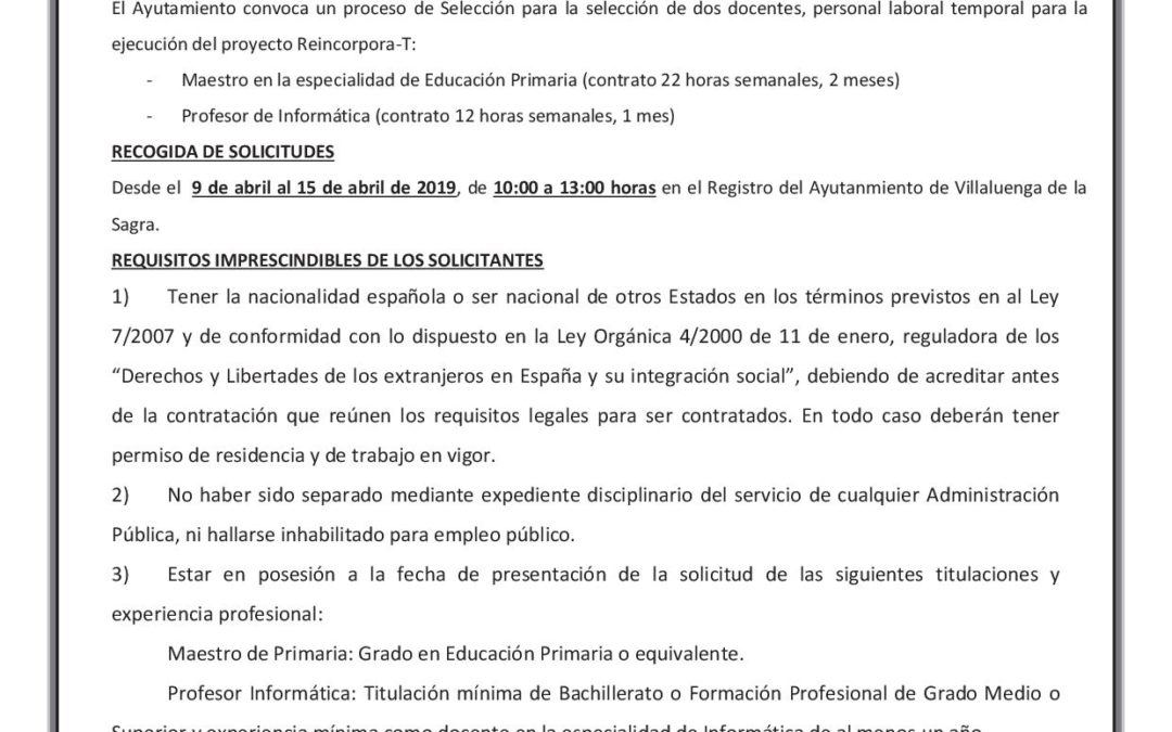 CONVOCATORIA DE PERSONAL: SELECCIÓN DE DOCENTES PROYECTO REINCORPORA-T