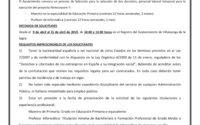 CONVOCATORIA DE PERSONAL: SELECCIÓN DE DOCENTES PROYECTO REINCORPORA-T