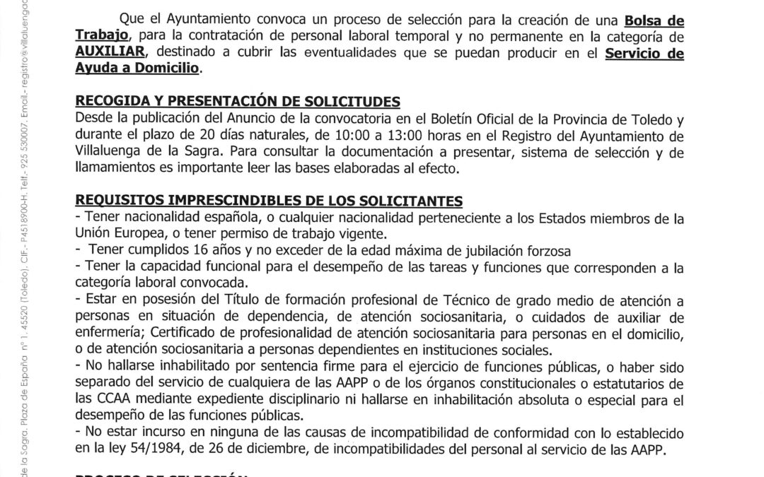 Bolsa de Trabajo – Auxiliar (Servicio de Ayuda a Domicilio)