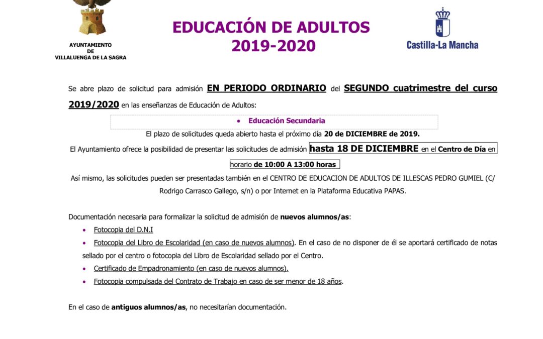 Plazo de solicitud admisión Educación de Adultos