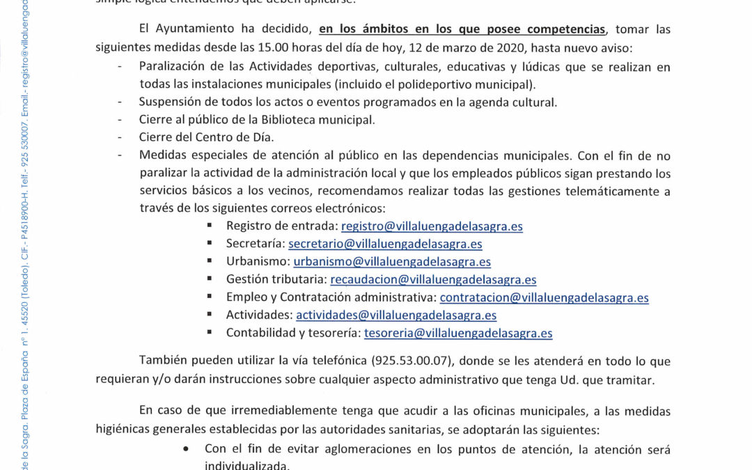 Medidas adoptadas por el Ayuntamiento