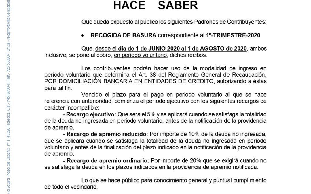 Recibos basura -Primer trimestre 2020