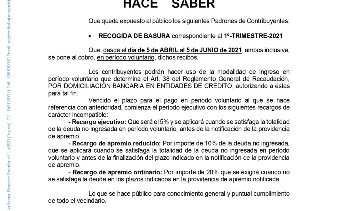 Recibo de basura 1º trimestre 2021