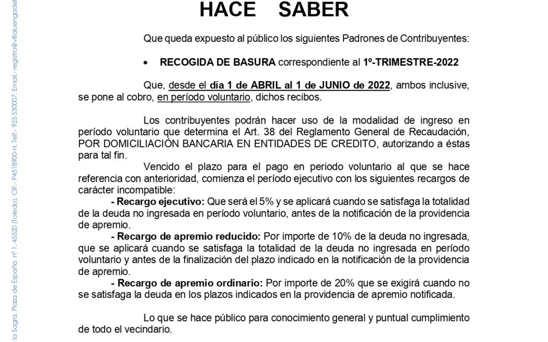 Tasa basura 1º trimestre 2022