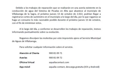 Aviso AQUALIA – Reparación de tubería el día 13 de octubre