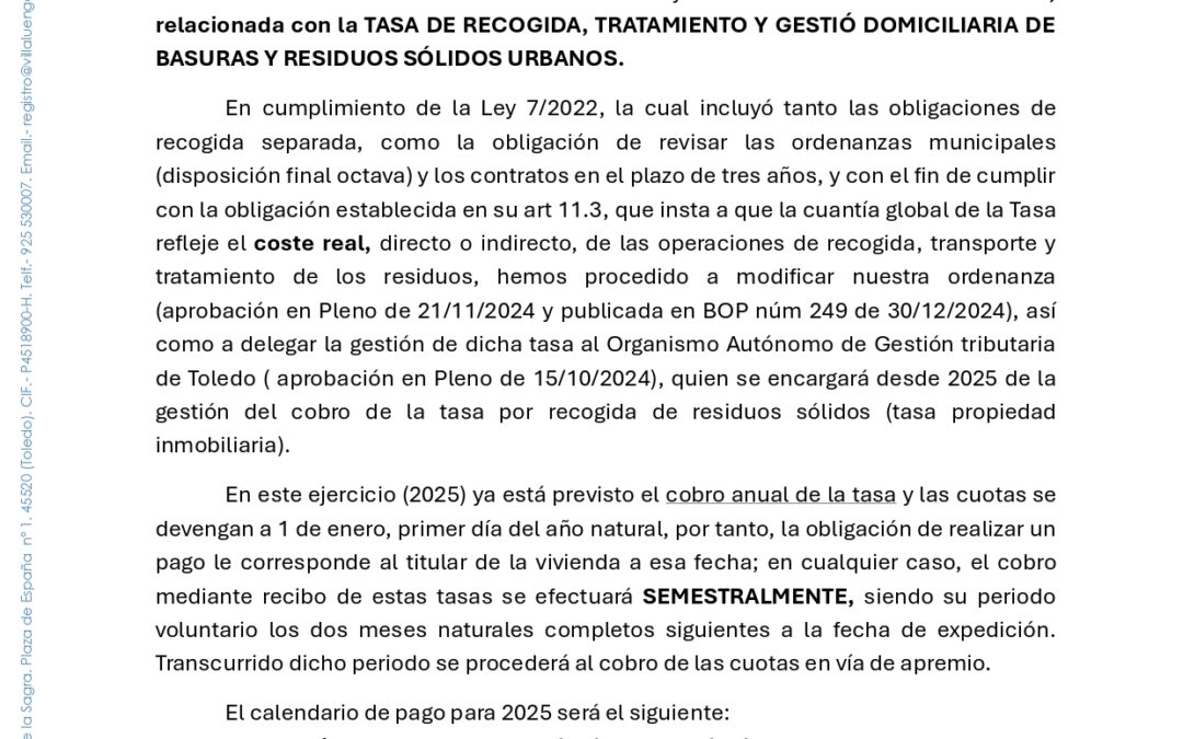 Aviso sobre la Tasa de Basura 2025